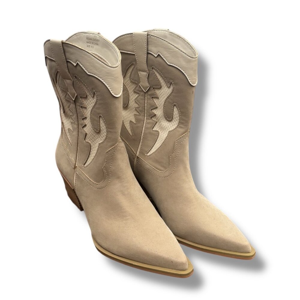 Oasis Society Houston Taupe Beige White Cowboy Western Vegan Leather Boots 8.5 - Picture 5 of 10